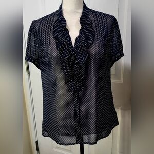 The Limited Sheer Black - White Dots Pintuck Ruffled Blouse Short Sleeve Size L